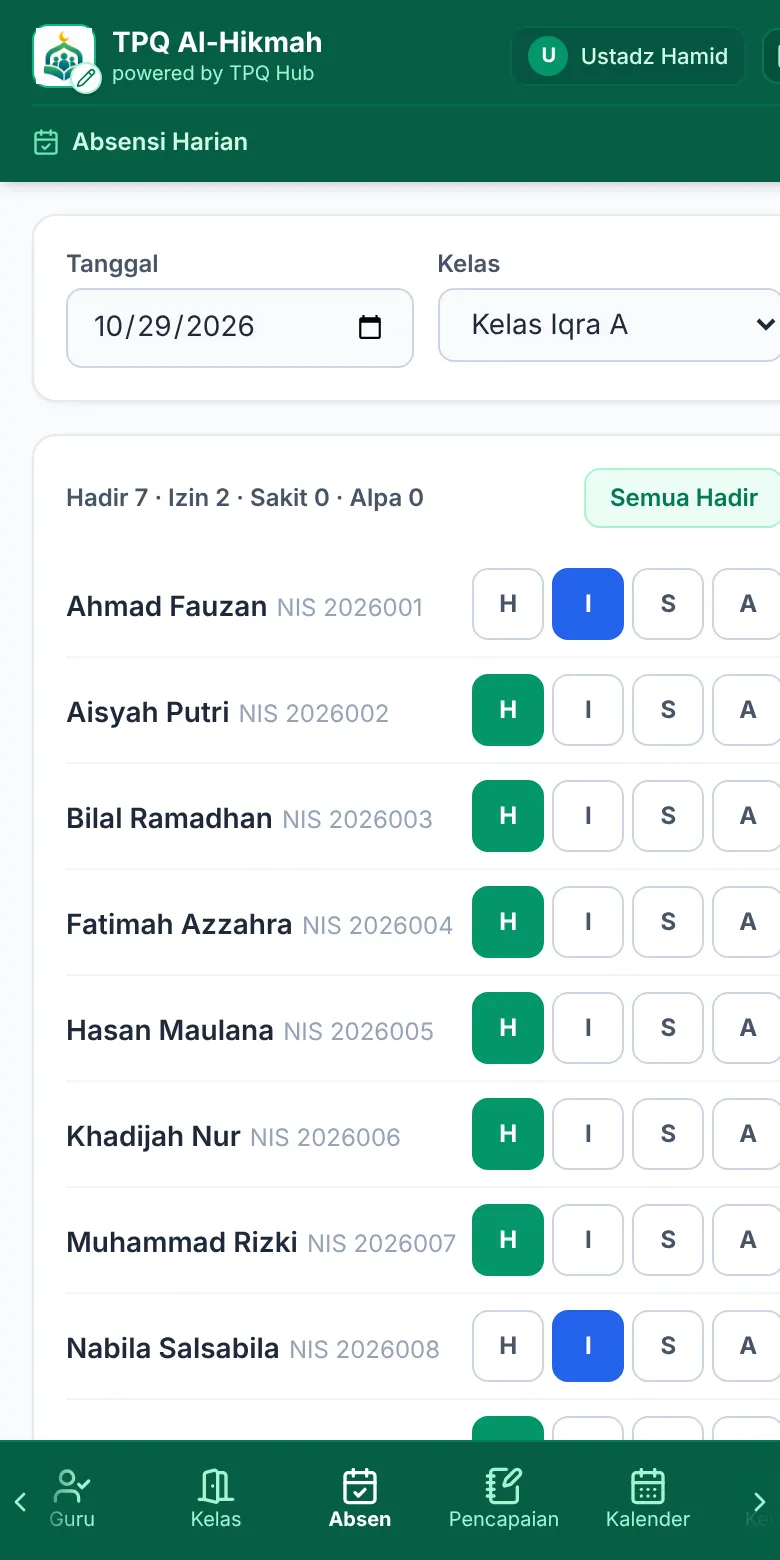 Contoh layar Absensi Harian satu kelas di HP